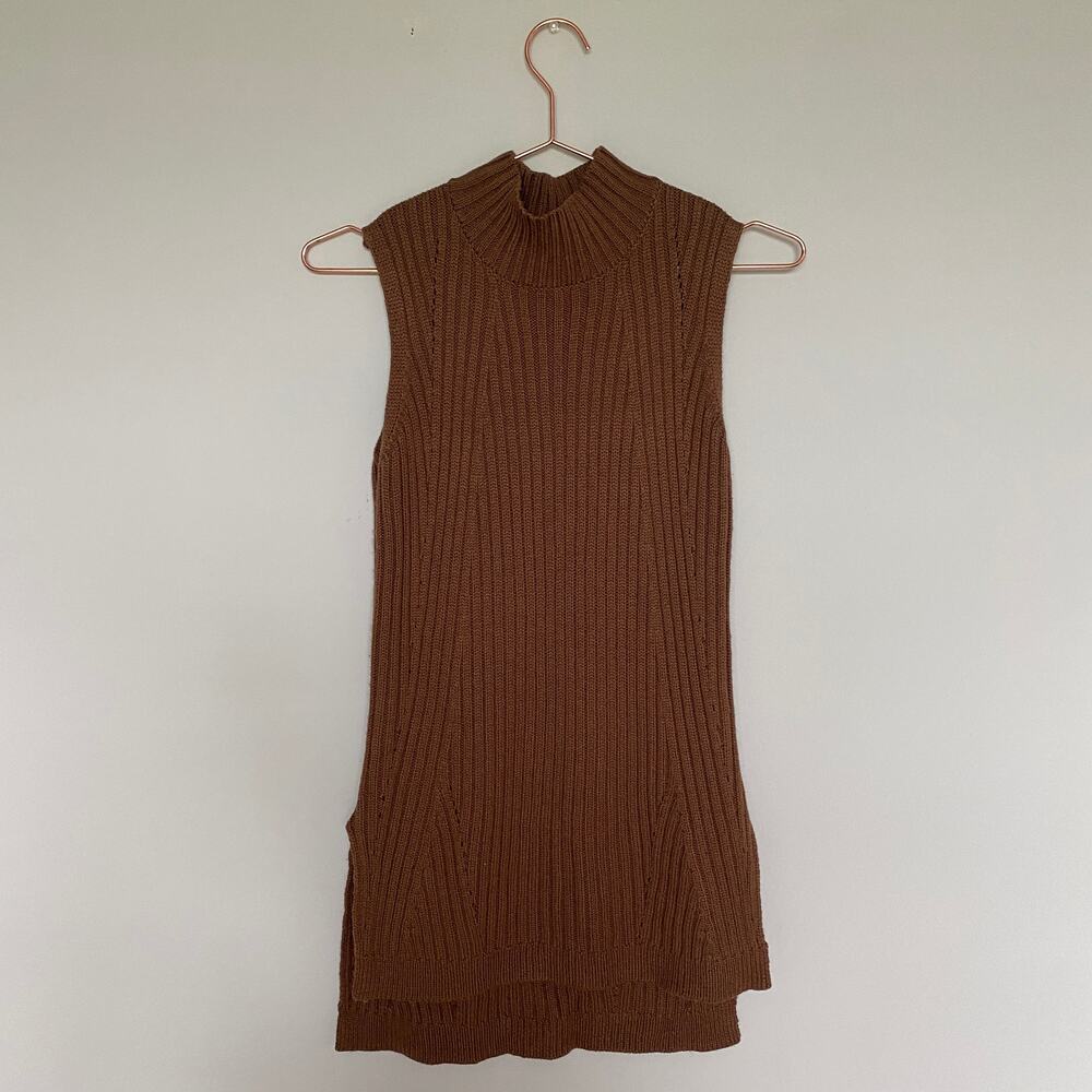 Max Studio Womens Sweater XS Brown Wool Blend Sleeveless Ribbed Citycore Modern